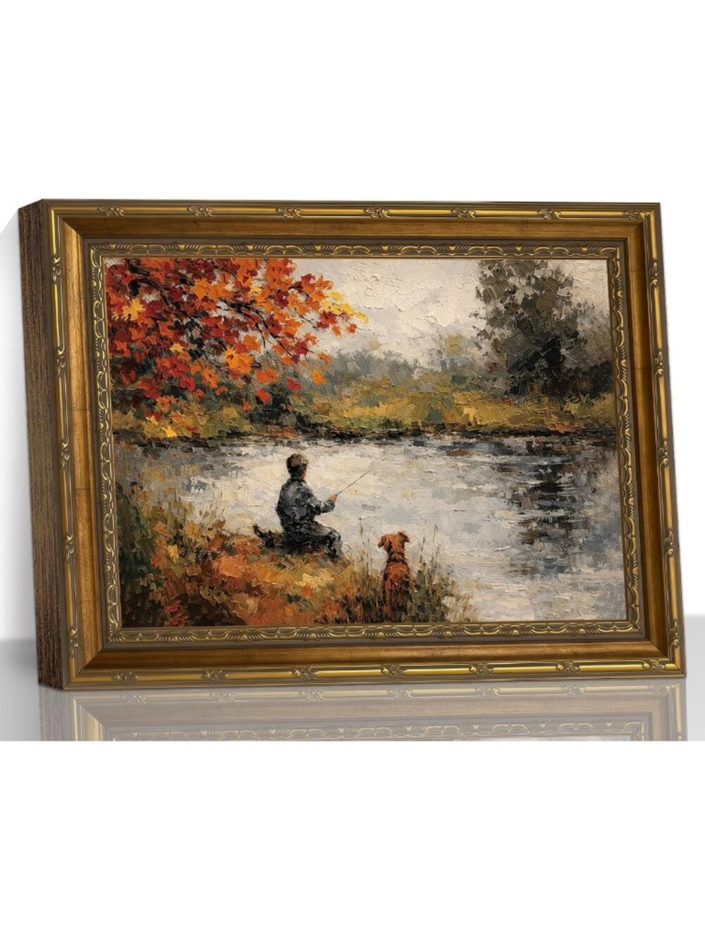 Vintage Rustic Textured Fishing Dog Wall Art Canvas Print for Lake Lovers
